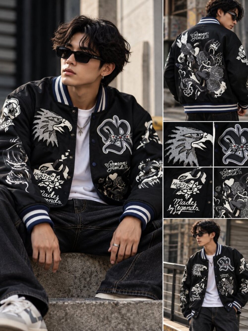 REASON Iconic Chenille Patched Varsity Jacket Black Men’s Medium Streetwear NWT